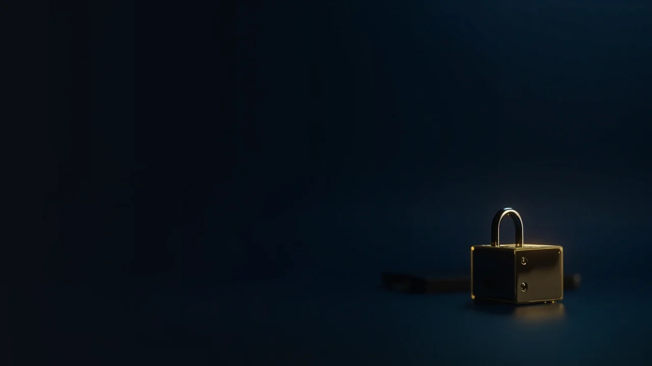 En mørk navybaggrund med en hardware wallet og en hængelås til højre.