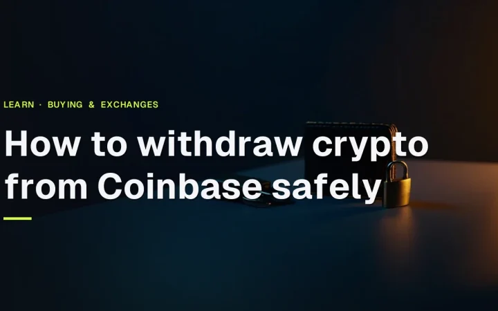 Der Titel Wie man Krypto sicher von Coinbase abhebt über einem dunkelblauen Hintergrund mit einer Hardware-Wallet und Vorhängeschloss auf der rechten Seite.