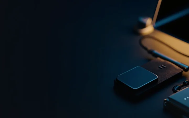 A dark desk with a hardware wallet, steel plate and padlock lit in gold.