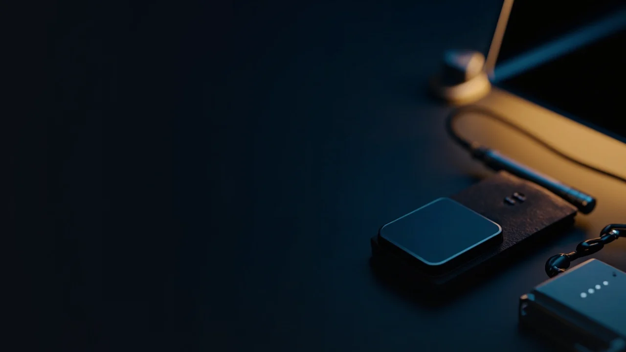 Et mørkt skrivebord med en hardware wallet, en stålplade og en hængelås oplyst i guld.