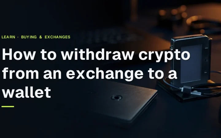 The title How to withdraw crypto from an exchange to a wallet over a dark desk with a hardware wallet, steel plate and padlock lit in gold.