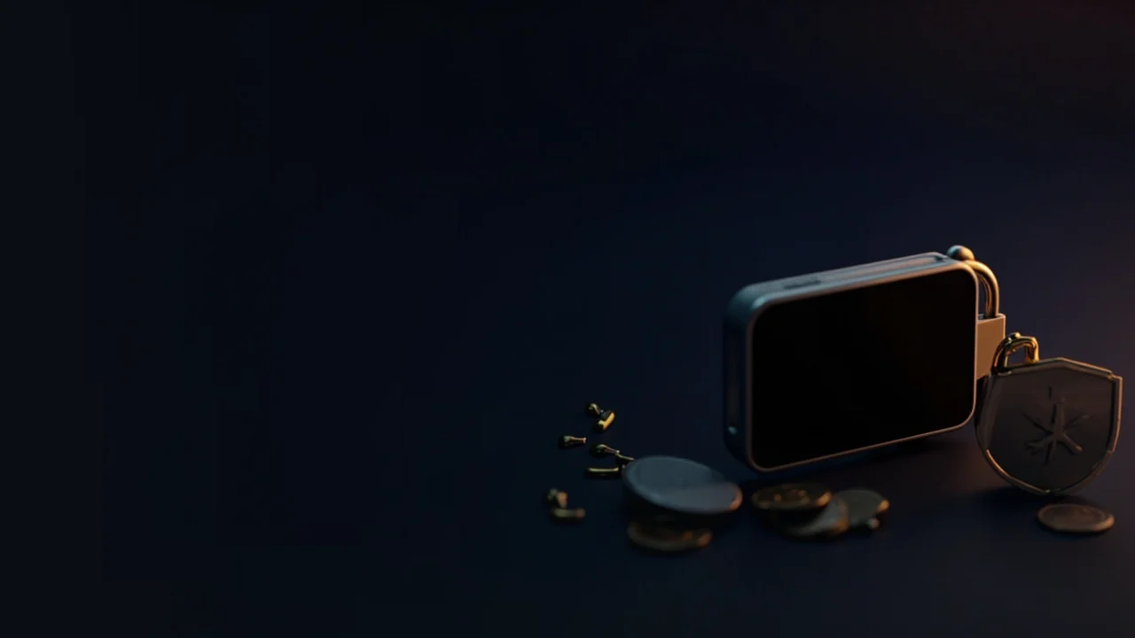 Et mørkt skrivebord med en hardware wallet, stålplade, hængelås og skjold i gyldent lys.