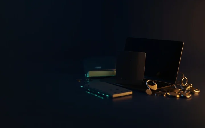 Eine Hardware-Wallet, eine Stahlplatte, ein Vorhängeschloss und ein Schutzschild auf einem dunklen Schreibtisch in goldenem Licht.