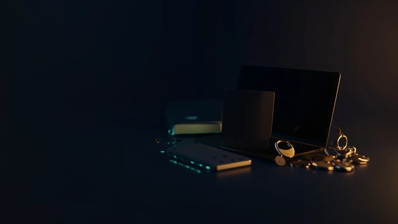 En hardware wallet, stålplade, hængelås og skjold på et mørkt skrivebord i gyldent lys.