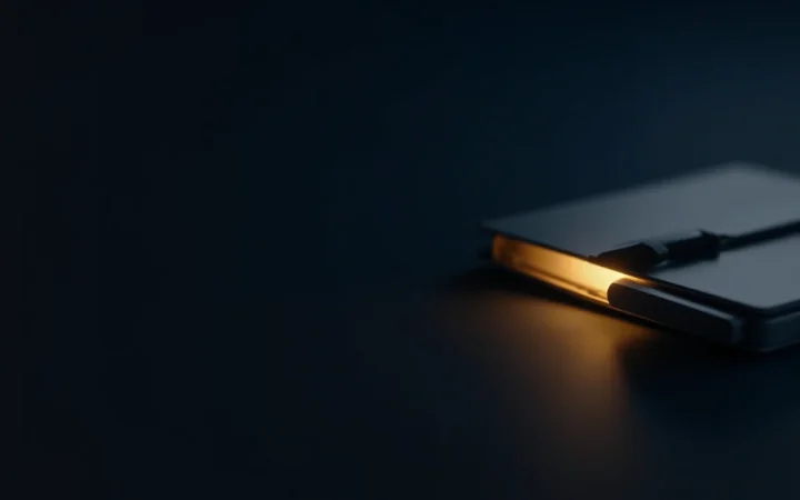 A dark navy background with a glowing hardware wallet on a steel plate.