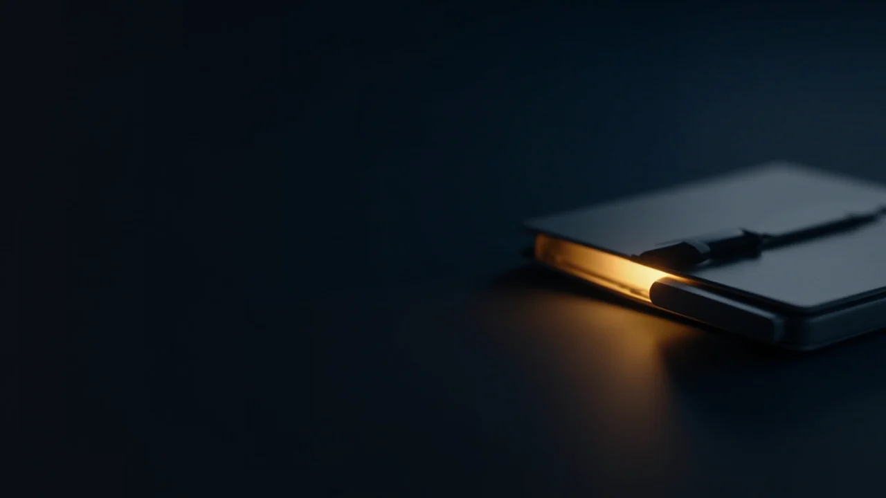 En mørk navyblå baggrund med en glødende hardware-wallet på en stålplade.