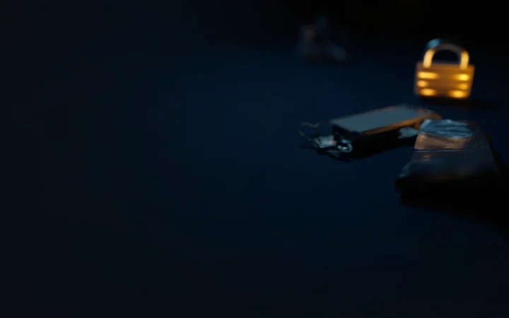 Un escritorio oscuro con un teléfono, una cartera hardware y un candado.