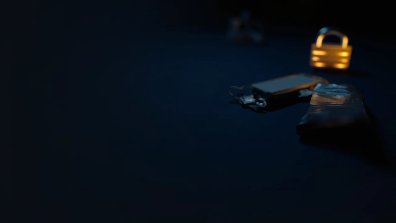 Un escritorio oscuro con un teléfono, una cartera hardware y un candado.