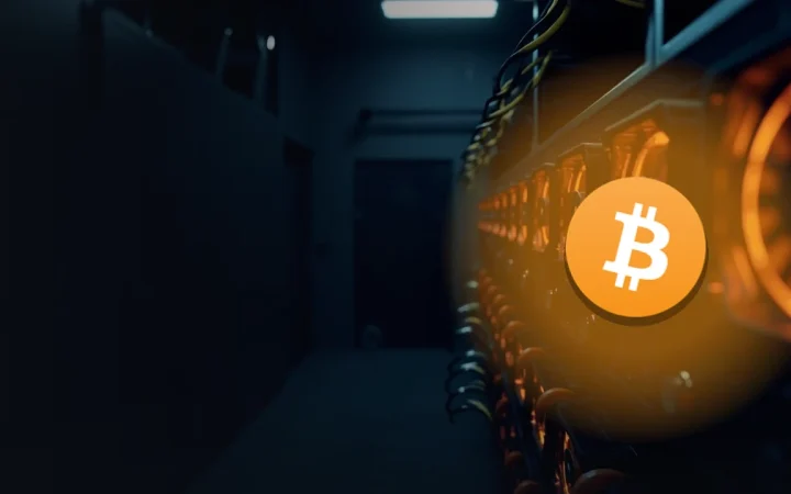 En mørk baggrund med mining-maskiner og glødende orange blæsere samt Bitcoin-logoet.