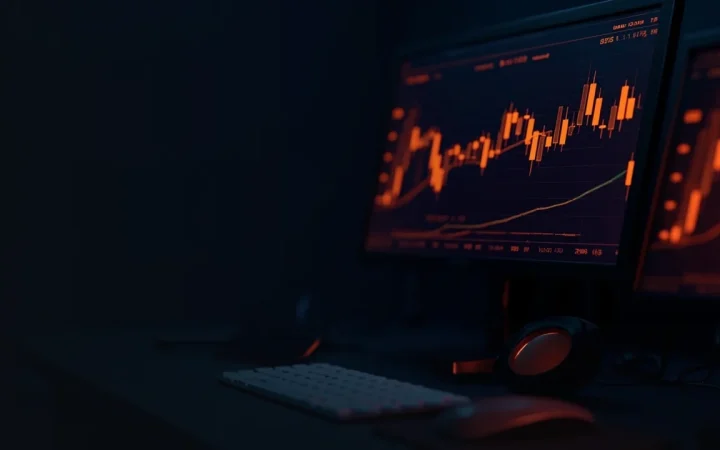 Et mørkt navyfarvet tradingbord om natten, skærme der lyser med abstrakte orange candlestick-barer og knapper, et tastatur og en mus, kabler.