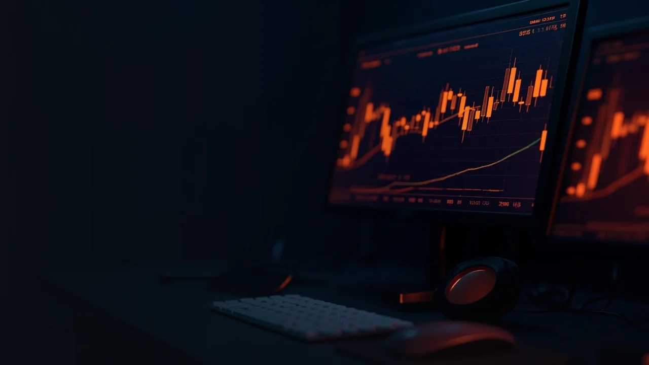 Et mørkt navyfarvet tradingbord om natten, skærme der lyser med abstrakte orange candlestick-barer og knapper, et tastatur og en mus, kabler.