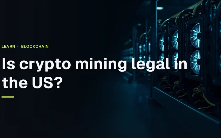 Titlen Er krypto-mining lovligt i USA? over rækker af mørke mining-rigs med glødende cyan-blæsere på en navy baggrund.