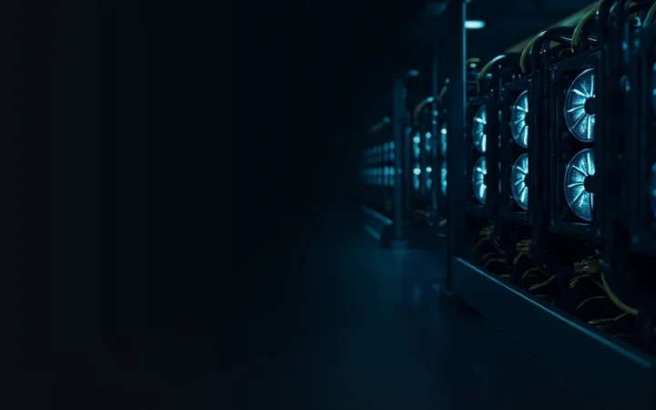 Rækker af mørke mining-rigs med glødende cyan-blæsere på en marineblå baggrund.