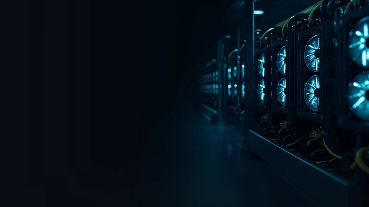 Rows of dark mining rigs with glowing cyan fans on a navy background.