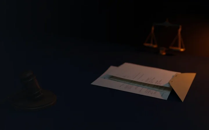 A dark desk with a gavel, blank forms, a folder and a scale in warm orange light.