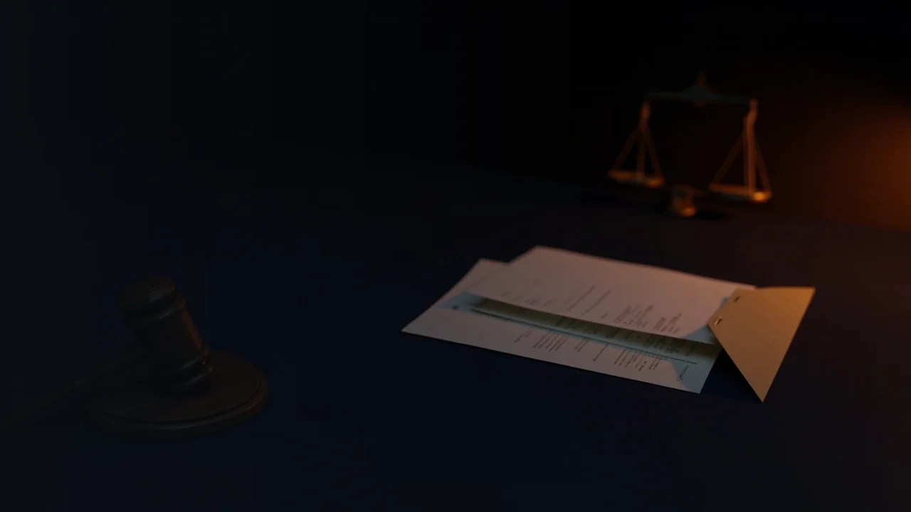 Ein dunkler Schreibtisch mit einem Richterhammer, leeren Formularen, einem Ordner und einer Waage in warmem orangefarbenem Licht.