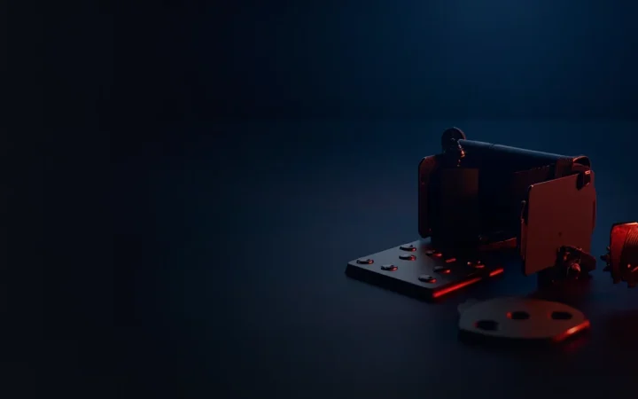A dark navy scene with a hardware wallet, steel plate, padlock and shield lit in red.