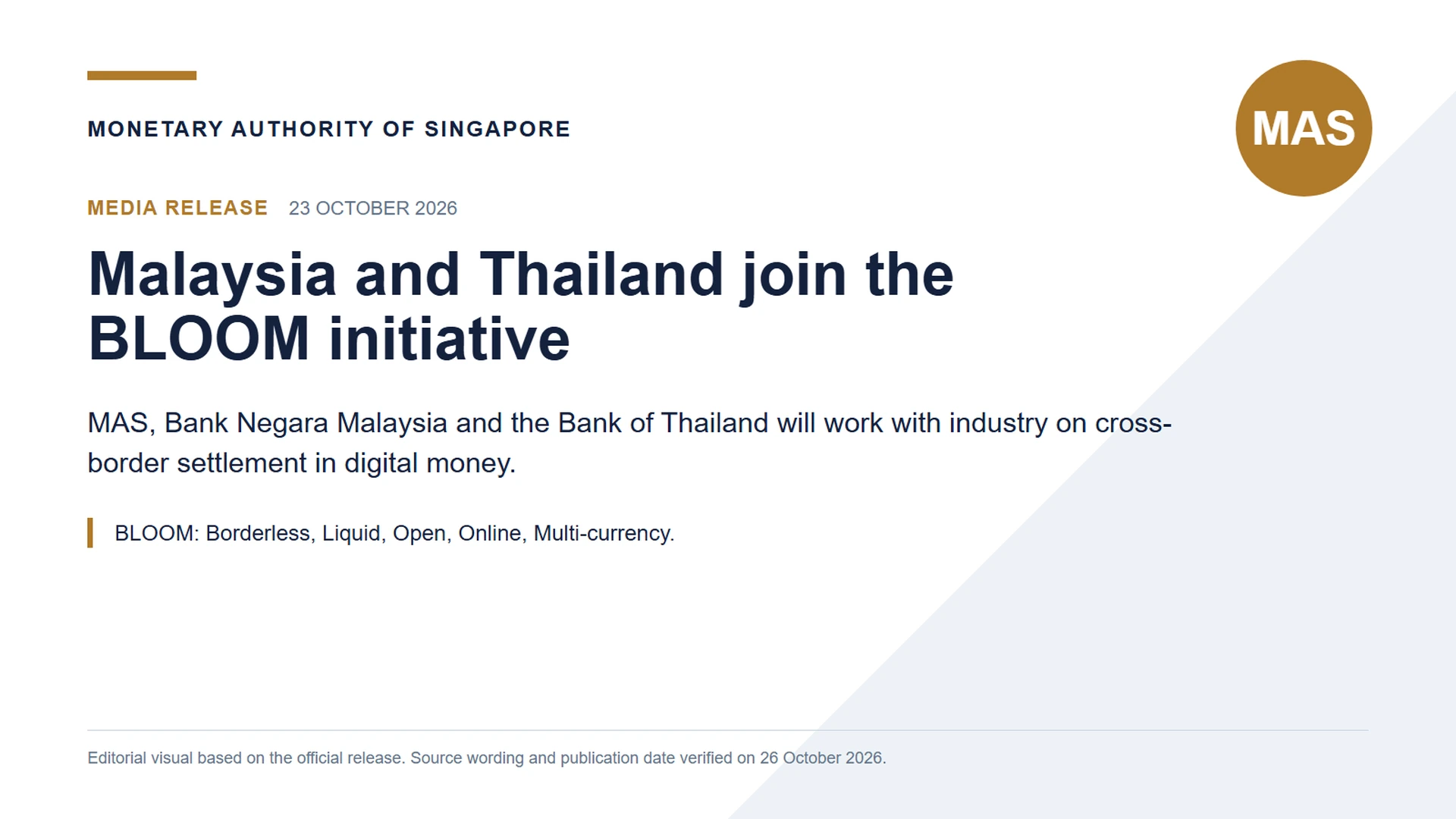 Malaysia and Thailand join Singapore's BLOOM initiative for cross-border digital-money settlement