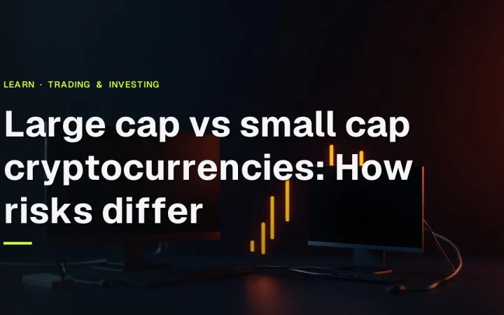 Titlen Large cap vs small cap cryptocurrencies over et mørkt skrivebord med to glødende skærme, der viser jævne og takkede orange søjler.