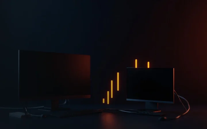 Un bureau sombre avec deux écrans lumineux affichant des barres orange stables et irrégulières.