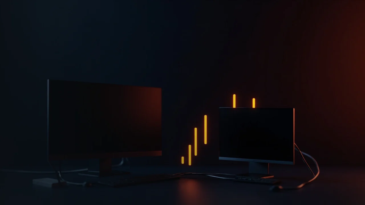 A dark desk with two glowing monitors showing steady and jagged orange bars.