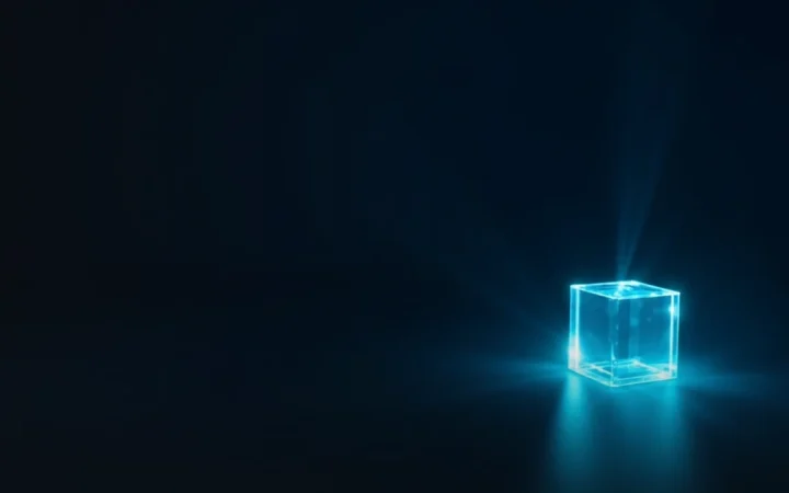 A dark navy background with a glass block and a glowing cyan cube in the right half.
