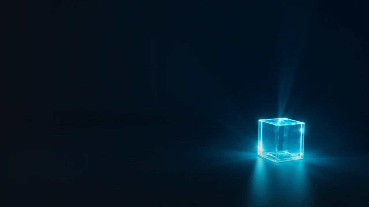 ダークネイビーの背景に、右半分にガラスのブロックと光るシアンのキューブ。