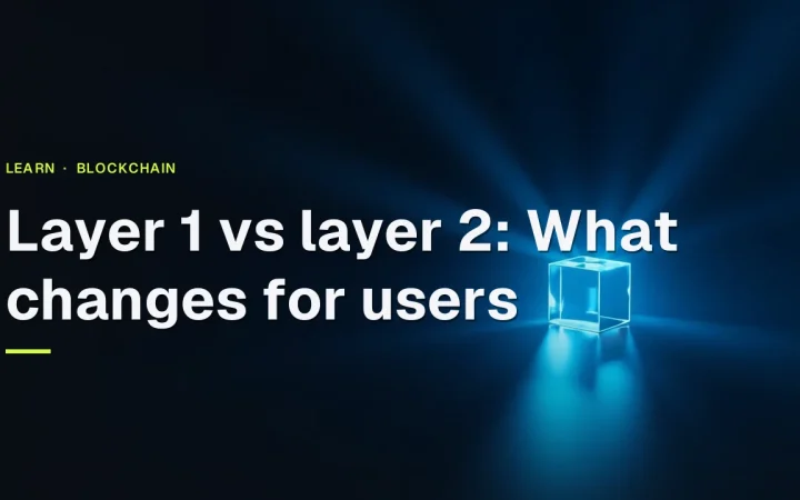 The title Layer 1 vs layer 2 over a dark navy background with a glass block and a glowing cyan cube in the right half.