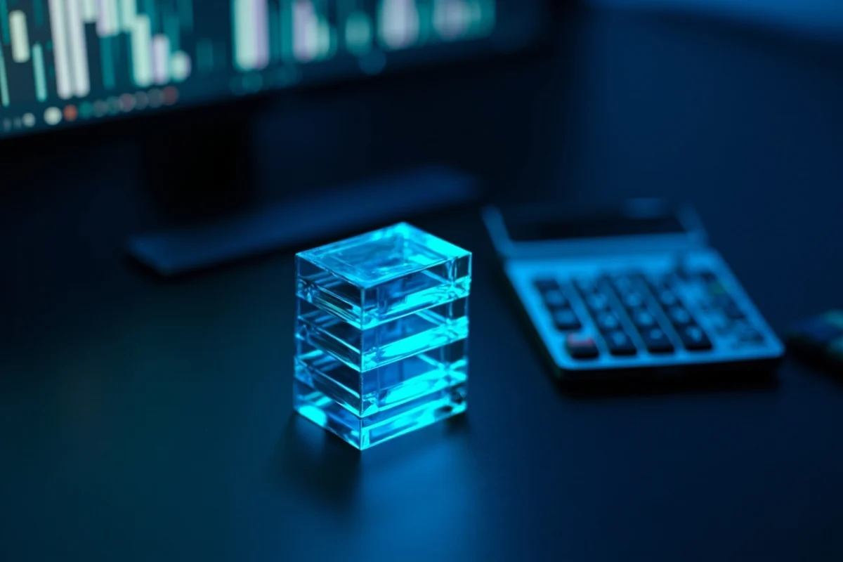 A dark desk with a blank calculator, glass blocks, and a monitor showing abstract glowing bars