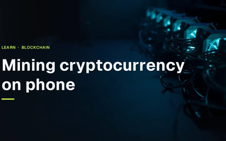 Phone Mining Cryptocurrency: rows of small machines with glowing cyan fans and cables on a dark navy background, title text on the left.