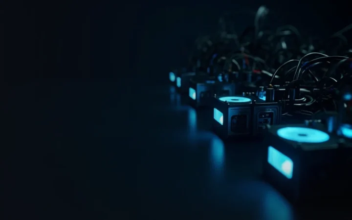 Phone Mining Cryptocurrency: rows of small machines with glowing cyan fans and cables on a dark navy background.