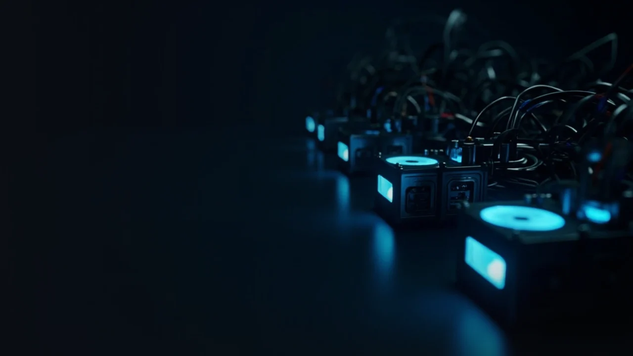 Phone Mining Cryptocurrency: rows of small machines with glowing cyan fans and cables on a dark navy background.