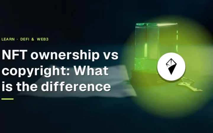 NFT ownership vs copyright title with the AINFT logo over a dark navy desk, a glowing emerald glass block and blank paper.