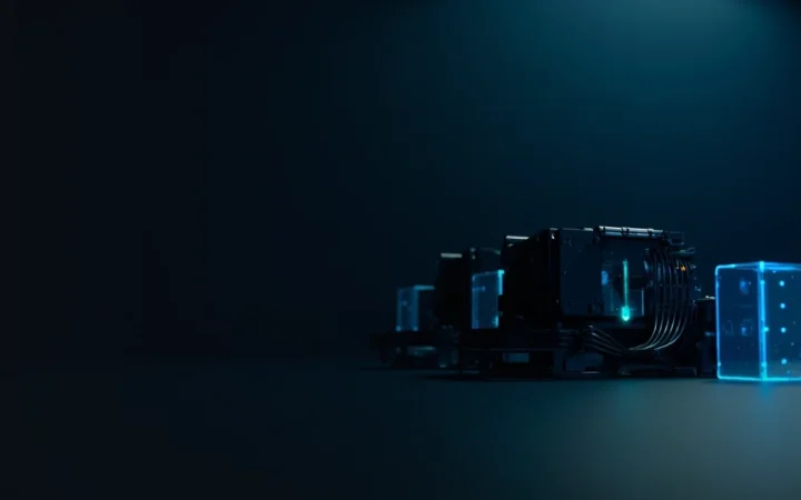 Mørke mining-rigs og glødende glasblokke på en marineblå baggrund.