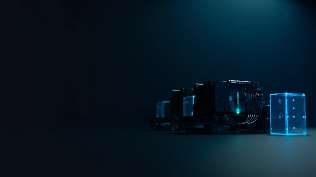Mørke mining-rigs og glødende glasblokke på en marineblå baggrund.