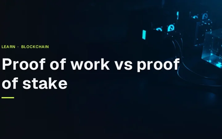 Title Proof of work vs proof of stake over dark mining rigs and glowing glass blocks on a navy background.