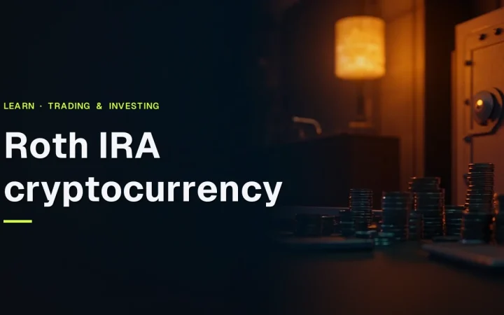 Roth IRA cryptocurrency guide title over a dark navy vault with steel coins and a safe lit in orange.