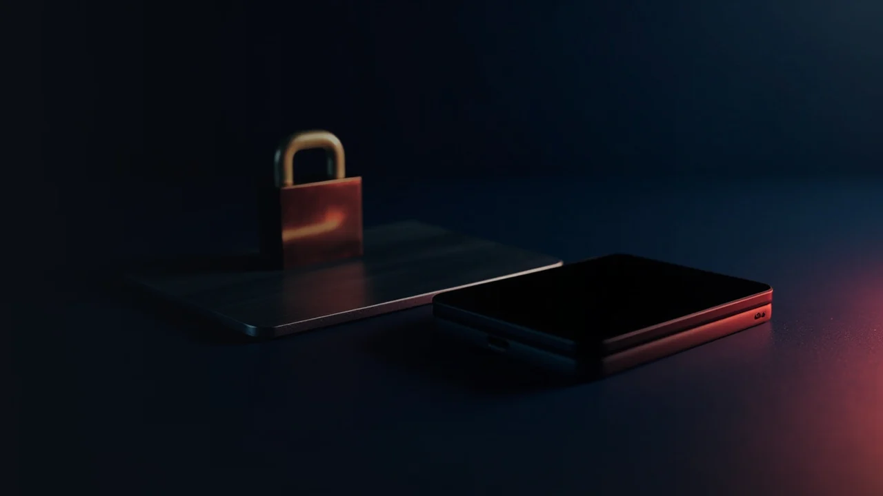 En mørk navy scene med en hardware-wallet, en stålplade og en hængelås til højre.