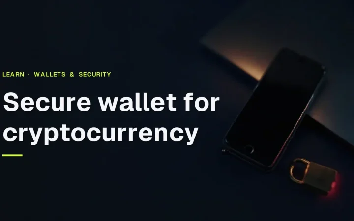 The title Secure wallet for cryptocurrency over a dark navy scene with a hardware wallet, steel plate and padlock on the right.