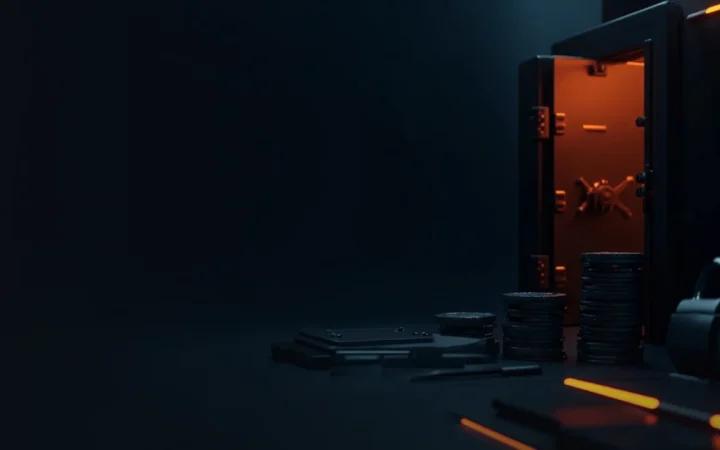 A dark vault with a safe, blank coin stacks and a padlock, lit by orange glow.
