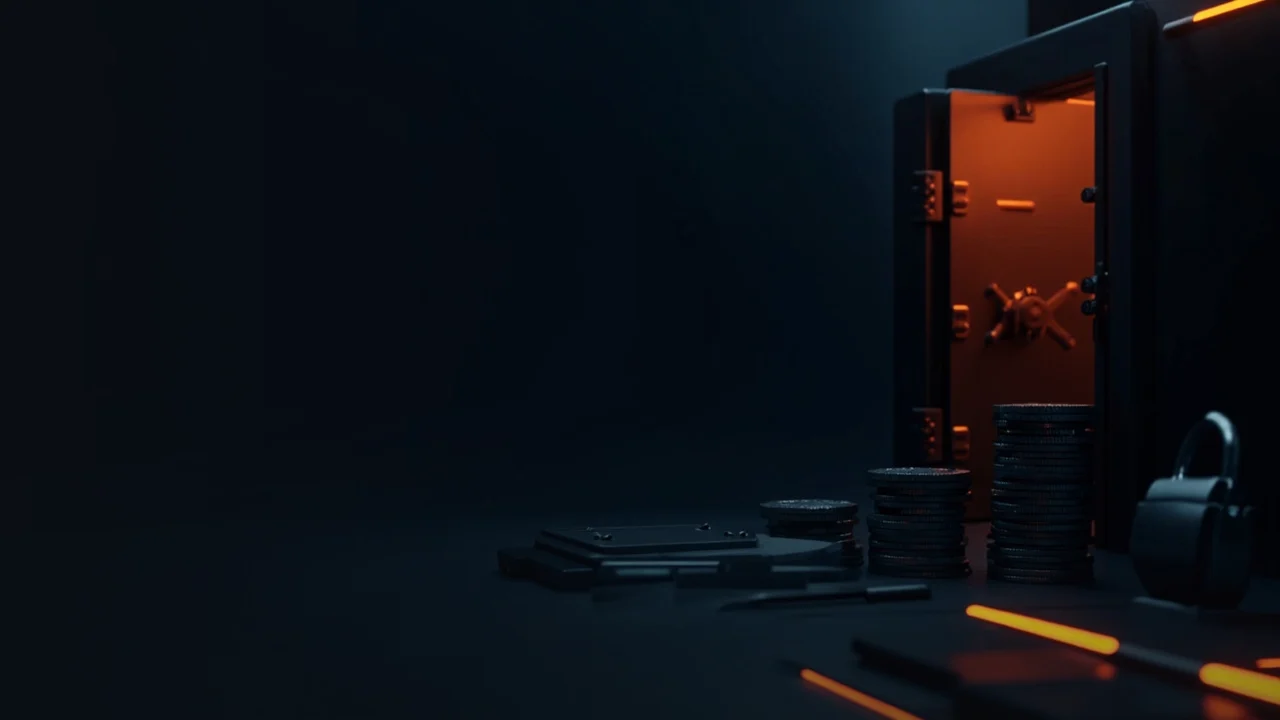 A dark vault with a safe, blank coin stacks and a padlock, lit by orange glow.