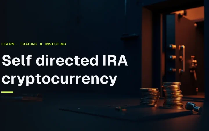 A dark vault with a safe, blank coin stacks and a padlock, lit by orange glow, with the title Self Directed IRA Cryptocurrency.