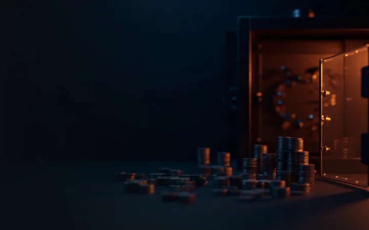 A dark navy vault with blank metal coins and a glass safe glowing orange on the right, left side empty shadow.
