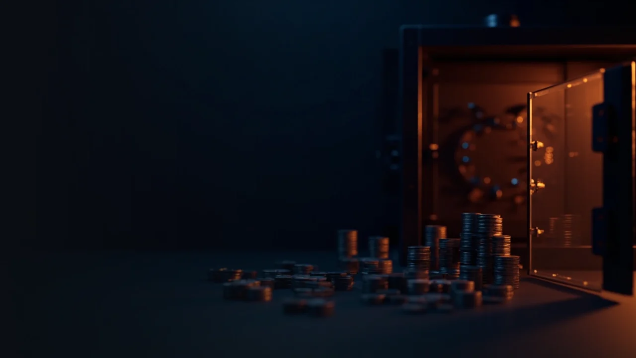 Una cámara acorazada azul marino oscuro con monedas metálicas en blanco y una caja fuerte de cristal que brilla en naranja a la derecha, el lado izquierdo con una sombra vacía.