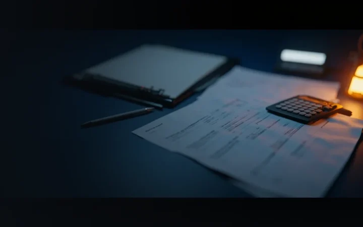 Blank tax forms, a folder, a pen and a calculator on a dark navy desk.