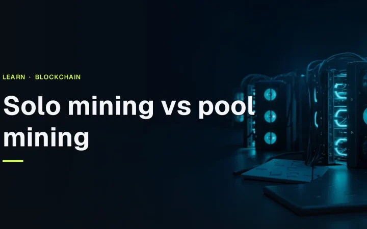 Solo mining vs pool mining title over rows of mining rigs with cyan fans on a dark navy background