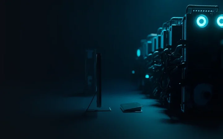 Rækker af mining-rigs med cyanblæsere på en mørk navyblå baggrund.