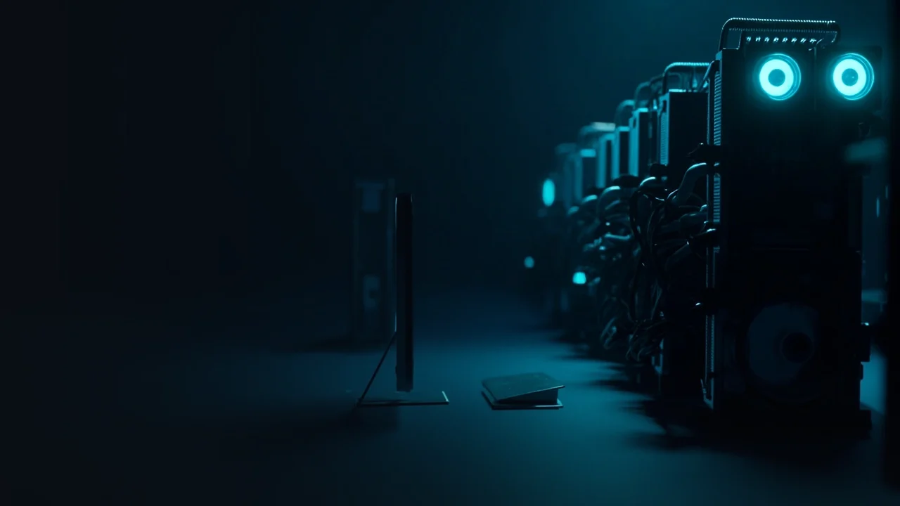 Rækker af mining-rigs med cyanblæsere på en mørk navyblå baggrund.