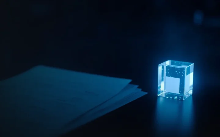 En mørk navybaggrund med en glasblok og tomme kontraktpapirer.