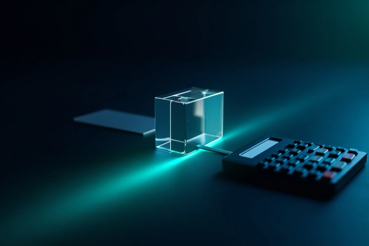 Glass blocks joined by teal light on a dark navy desk beside a calculator with a blank display